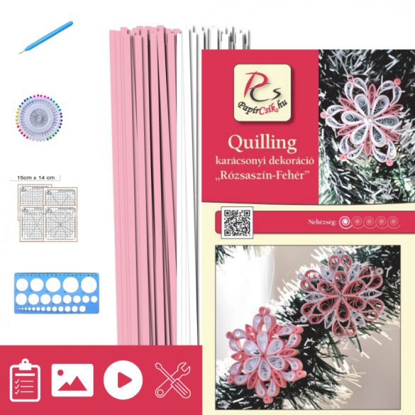 Ružovo-biela - Quilling vzor (200 prúžkov a popis, pomôcky)