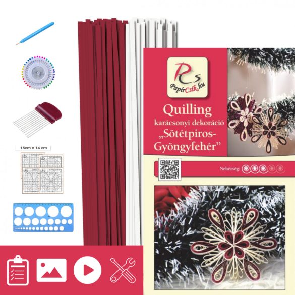 Tmavočervená-Biela perleť - Quilling vzor (200 prúžkov a popis, pomôcky)